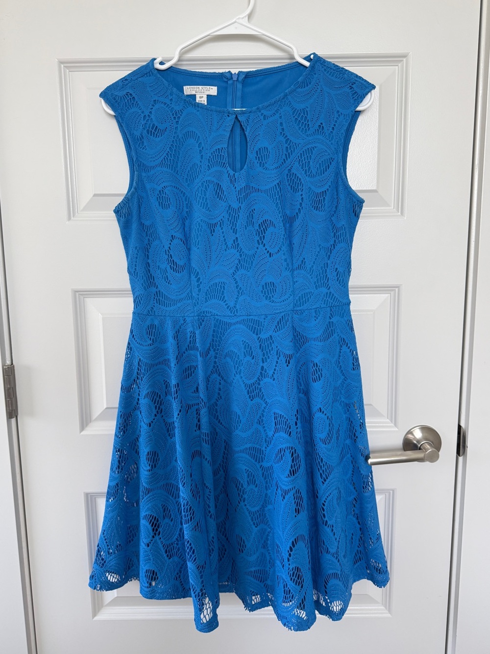 London Style Collection Women’s Royal Blue Eyelet Lace Dress Size 8P Petite